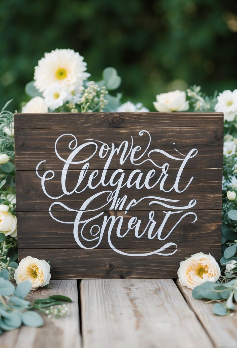 A rustic wooden sign with elegant calligraphy, surrounded by delicate flowers and greenery