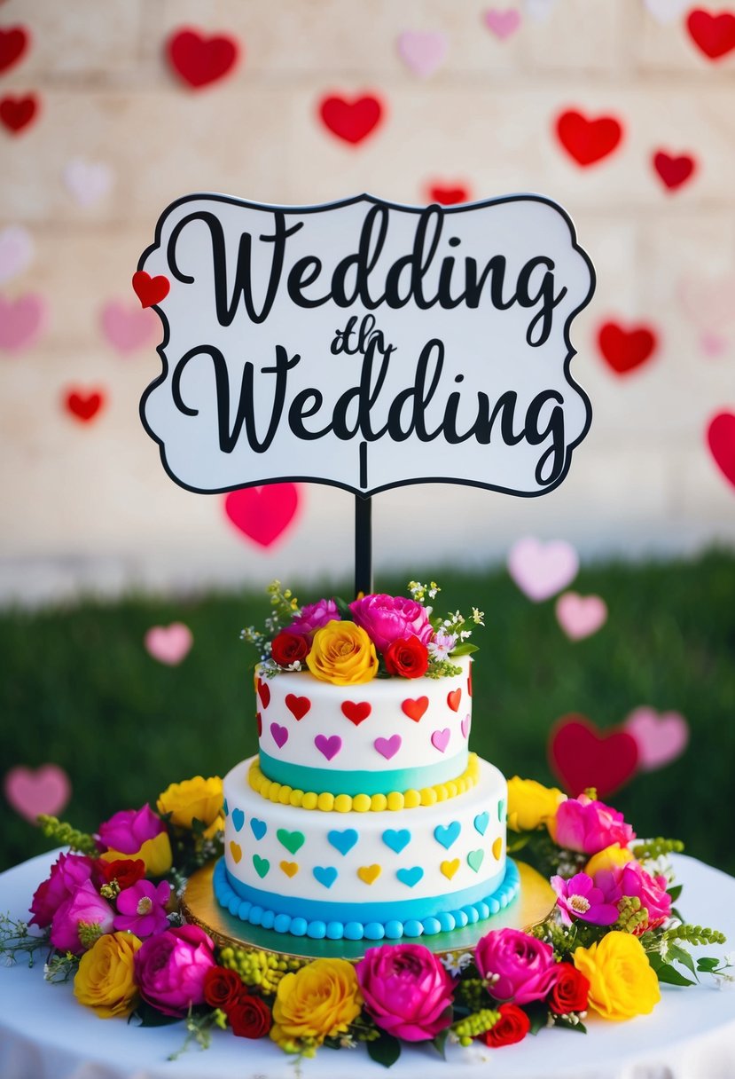 A wedding sign with a colorful cake surrounded by hearts and flowers