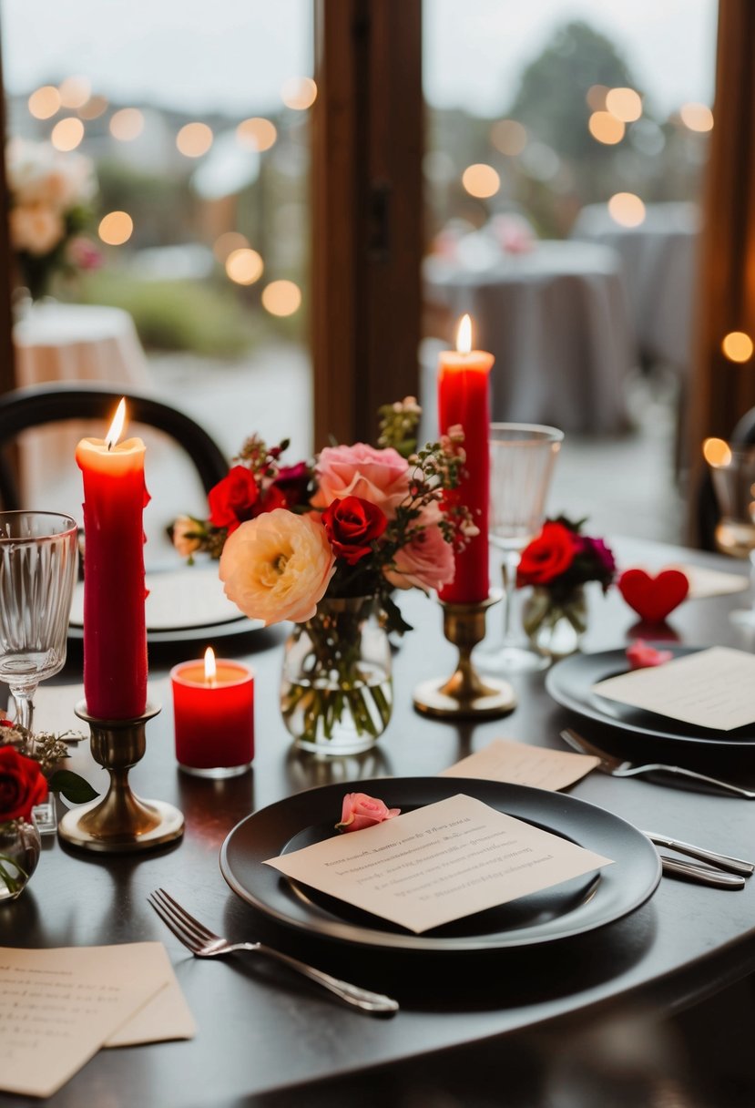 A table set for two with candles, flowers, and love letters scattered around