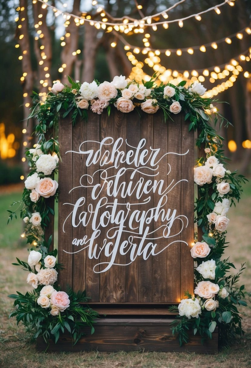 A rustic wooden sign with elegant calligraphy, surrounded by blooming flowers and twinkling fairy lights