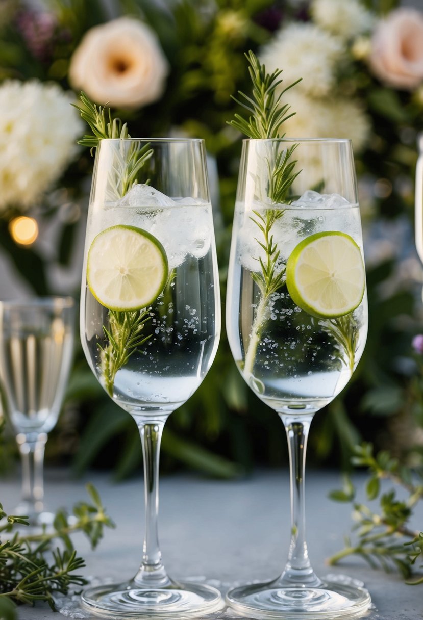 A pair of elegant gin and tonic glasses clinking together, surrounded by botanicals and a romantic backdrop