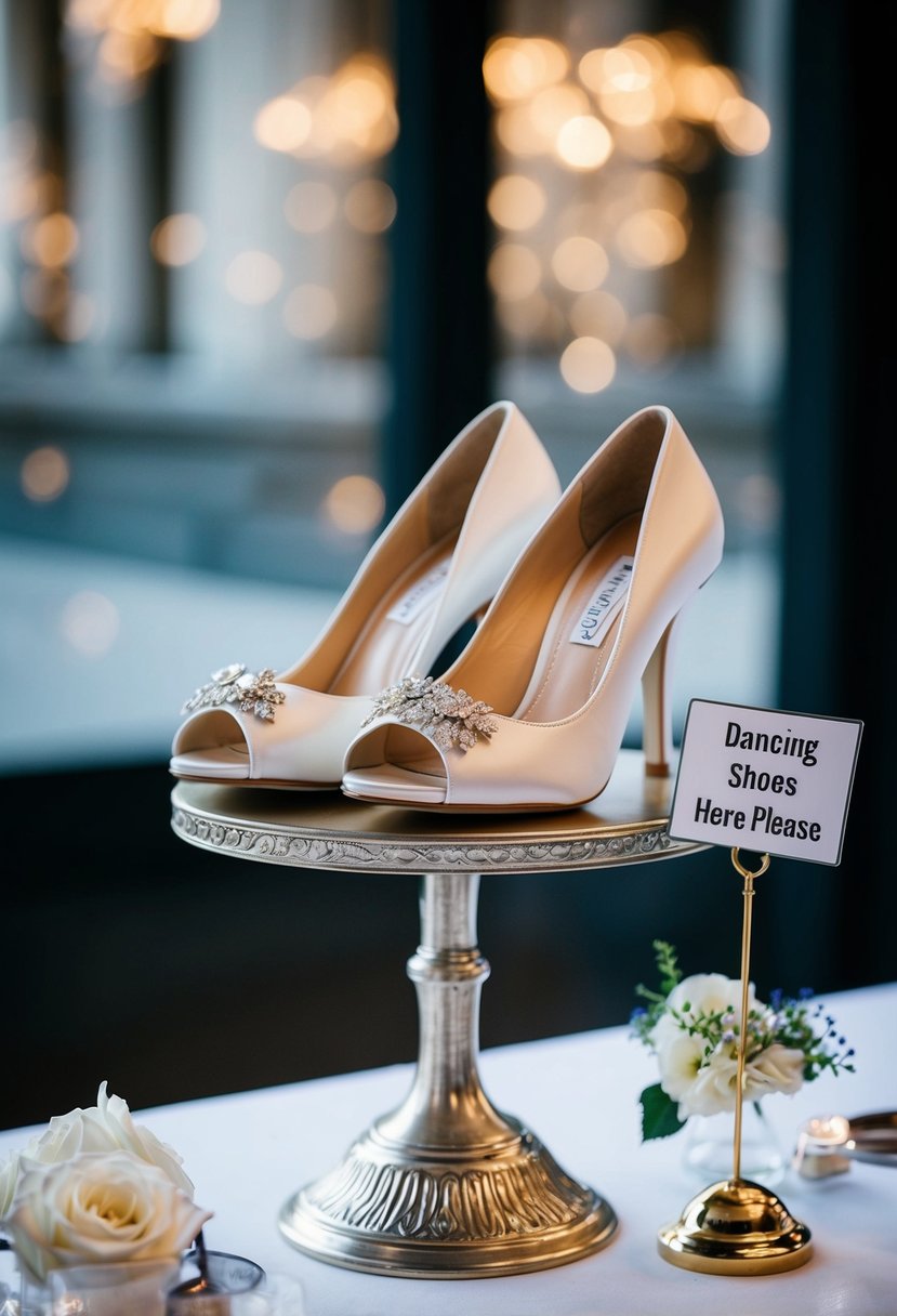 A pair of elegant, white wedding shoes placed on a decorative stand with a sign reading "Dancing Shoes Here Please" displayed nearby