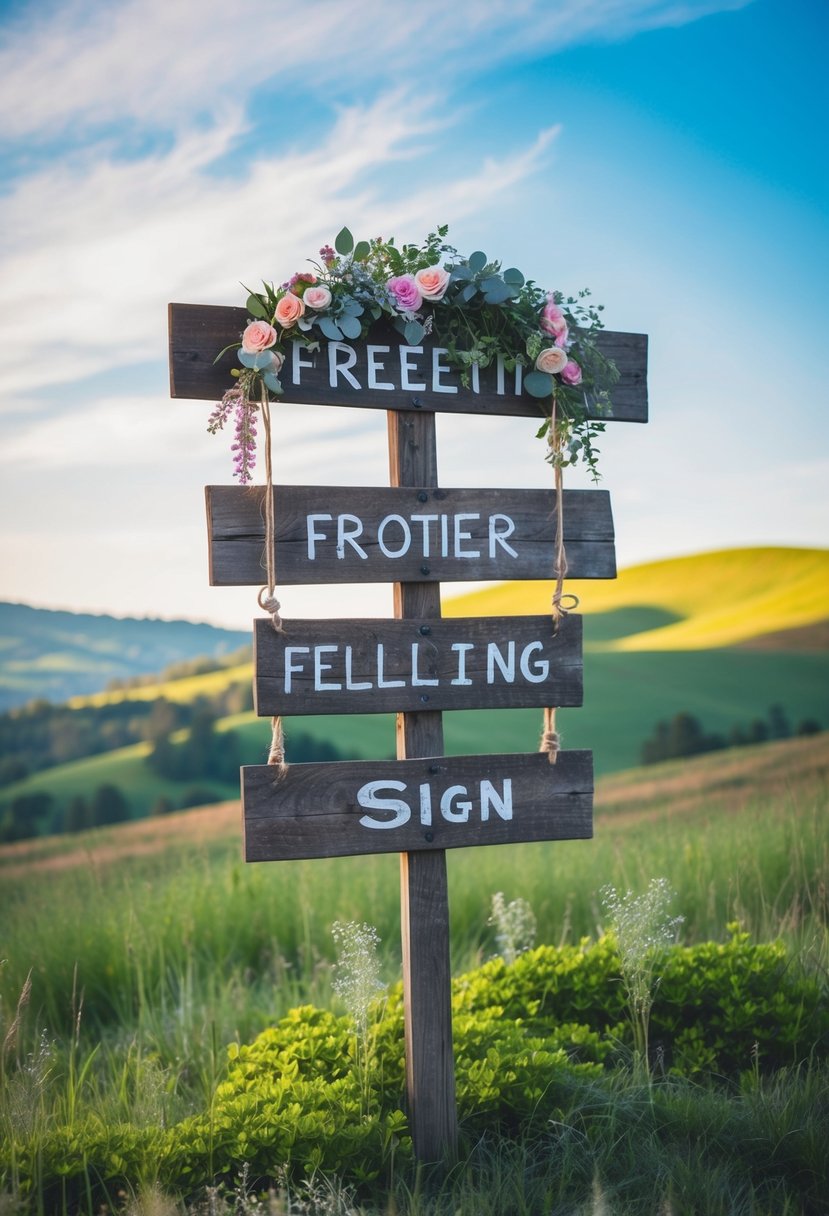 A rustic wooden sign adorned with flowers and greenery, set against a picturesque backdrop of rolling hills and a serene blue sky