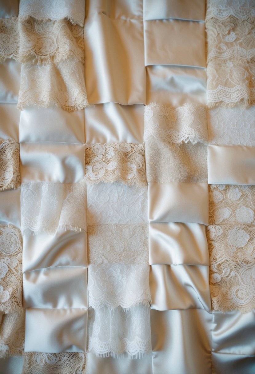 A collection of wedding dress swatches arranged in a quilt pattern, with delicate lace, satin, and tulle creating a patchwork of memories