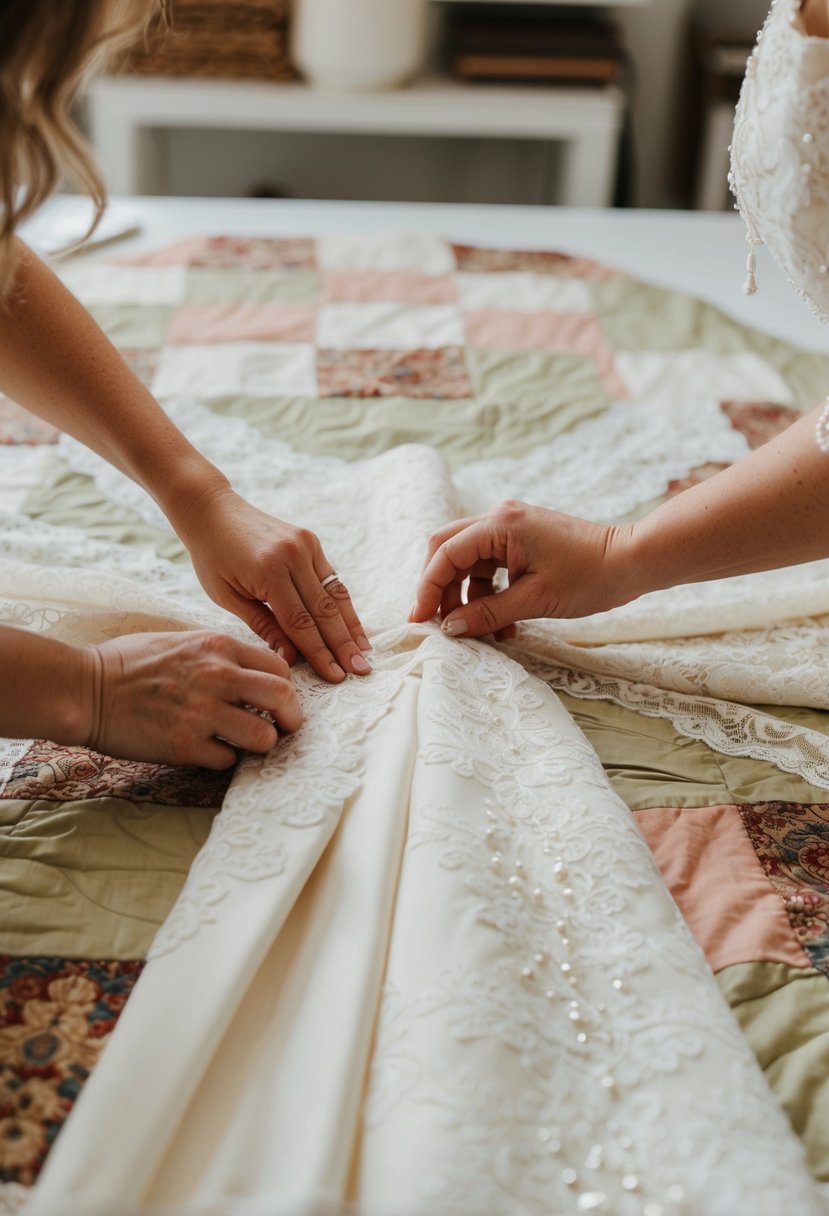 A wedding dress being carefully cut and sewn into a patchwork quilt, with delicate lace and beading preserved in the design