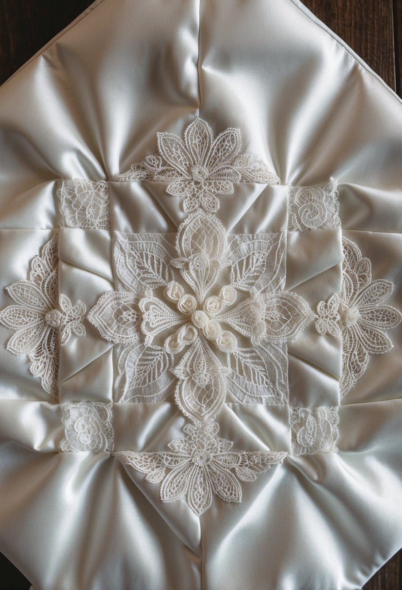 A quilt square with delicate lace and smooth satin from a wedding dress, arranged in a pleasing pattern