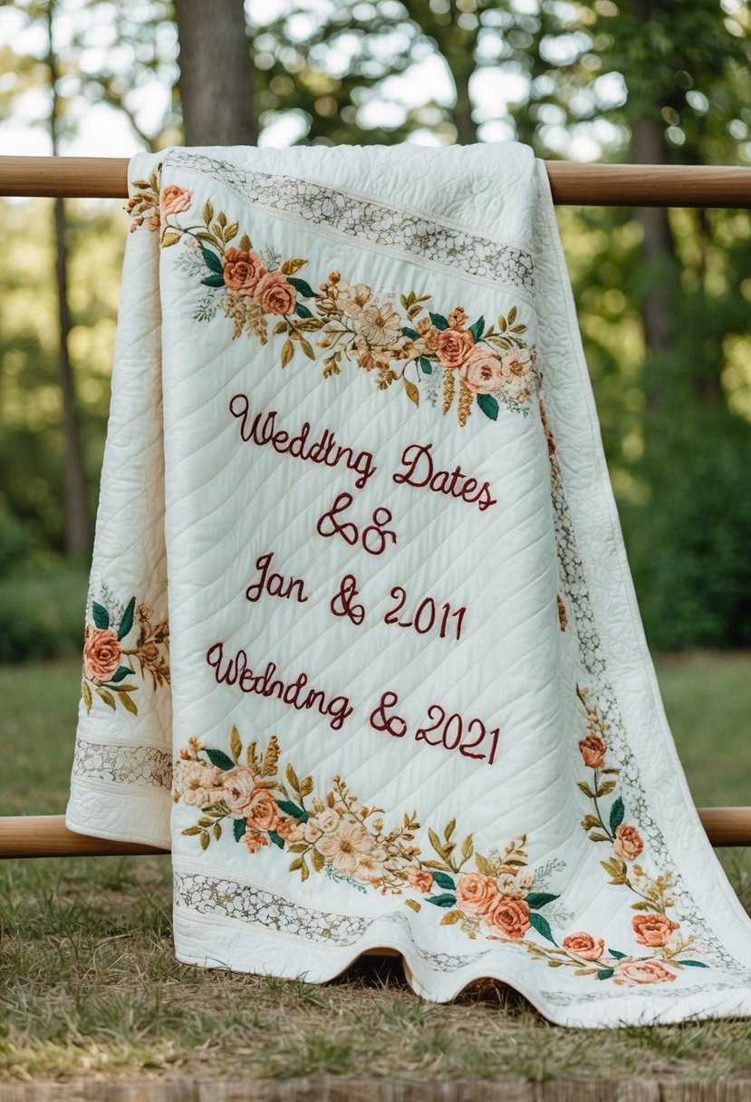 A quilt with embroidered wedding dates, lace, and floral patterns