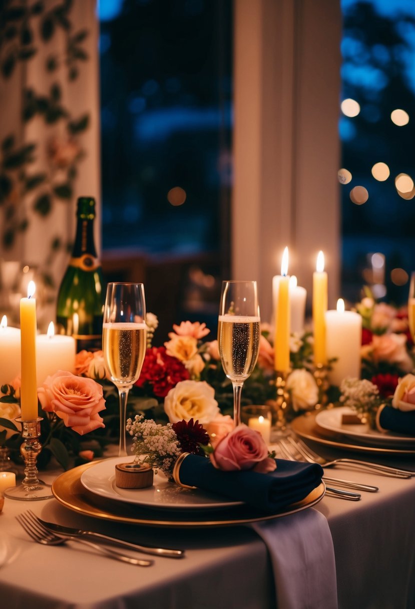 A cozy dinner setting with a table adorned with flowers, candles, and champagne, surrounded by romantic ambiance