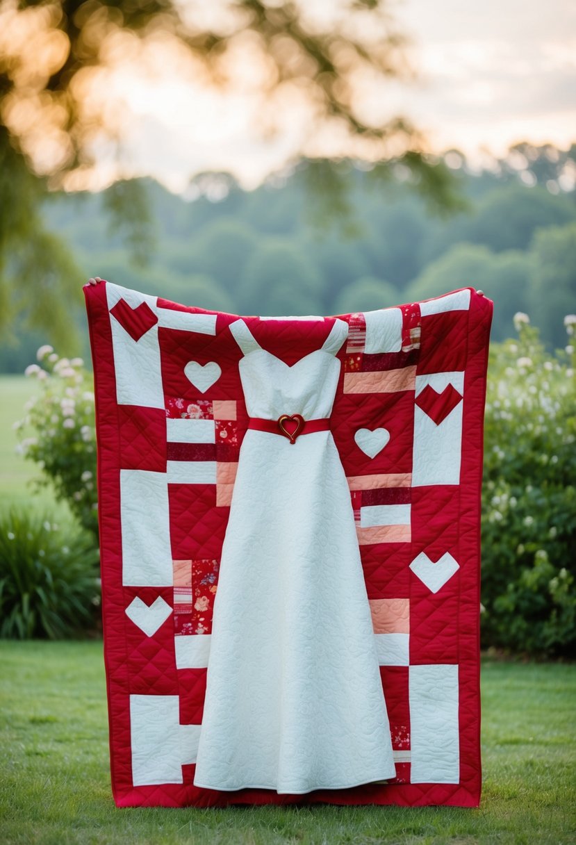 A wedding dress quilt adorned with heart and ring-shaped patches