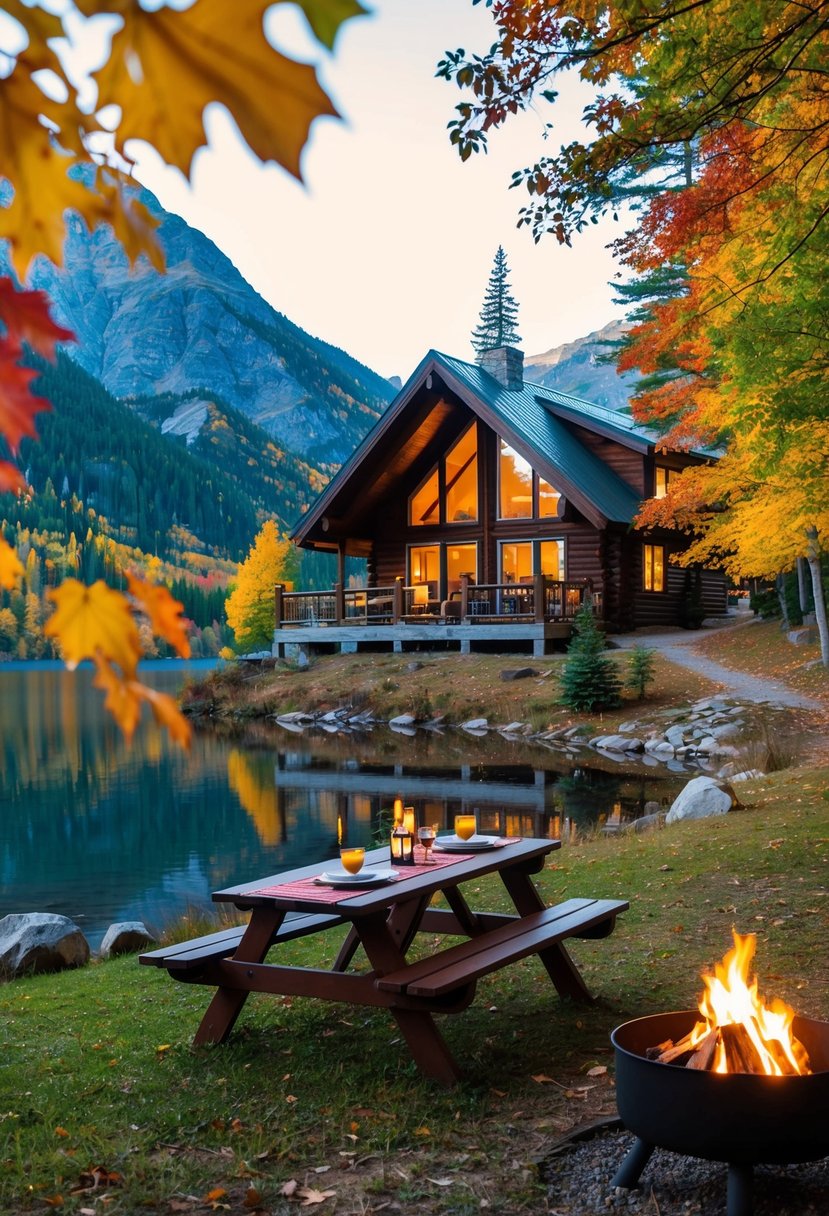 A cozy cabin nestled in the mountains, surrounded by colorful autumn foliage and a serene lake, with a picnic table set for two and a crackling fire pit