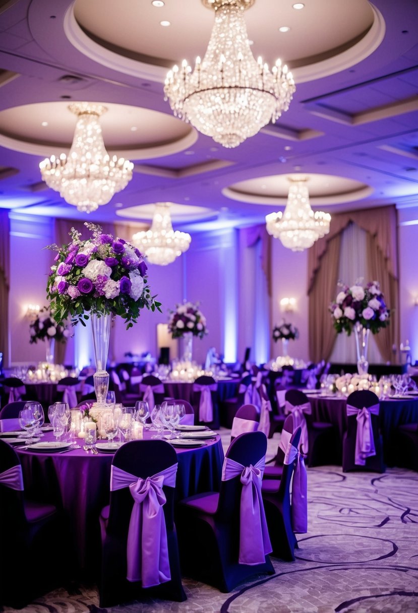 A grand ballroom adorned with purple and silver decor, featuring elegant floral arrangements and sparkling chandeliers