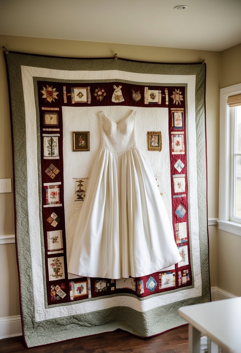 A wedding dress quilt adorned with family heirloom pieces