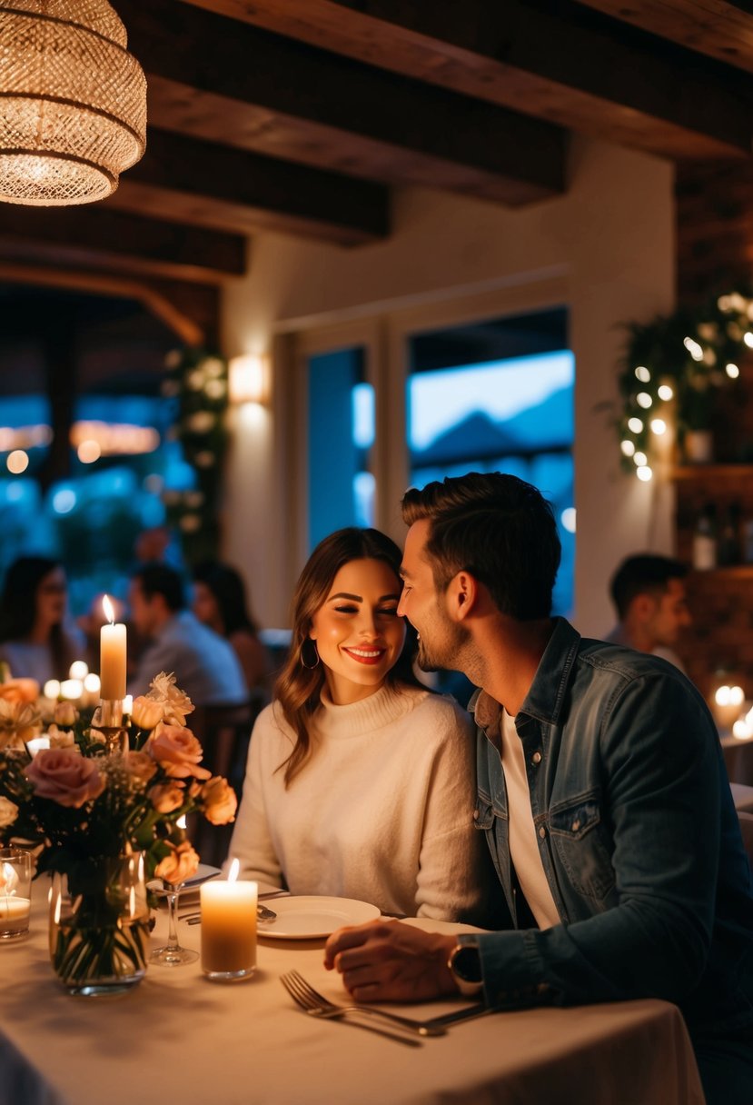 A couple sitting at a candlelit table in a cozy restaurant, surrounded by flowers and soft music, reminiscing about their first date