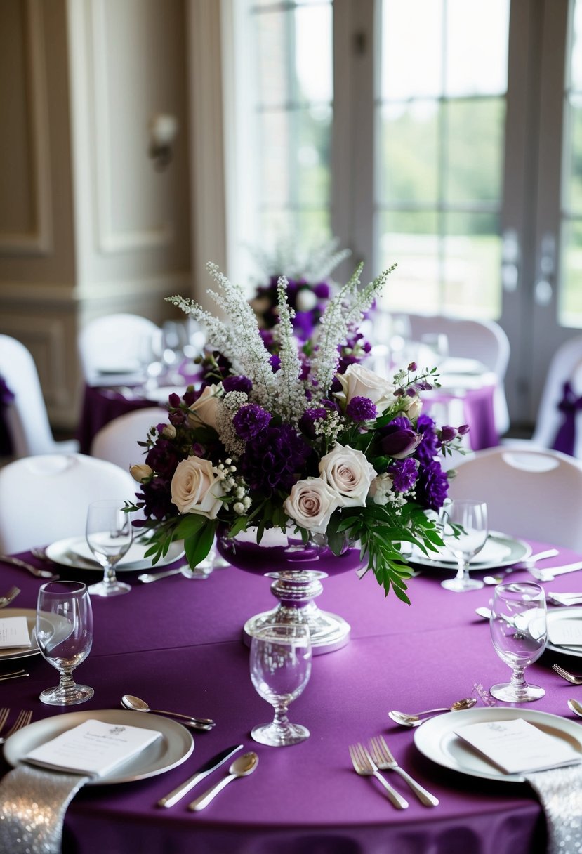 A royal purple and silver table centerpiece with elegant floral arrangements and sparkling silver accents