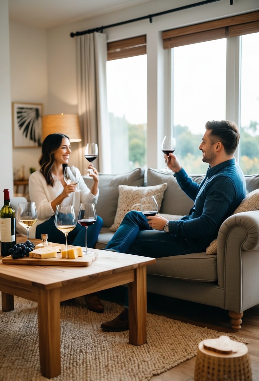 A cozy living room with a wooden table set with wine glasses, bottles, and cheese platters. A couple sits on a plush couch, enjoying the intimate wine tasting experience