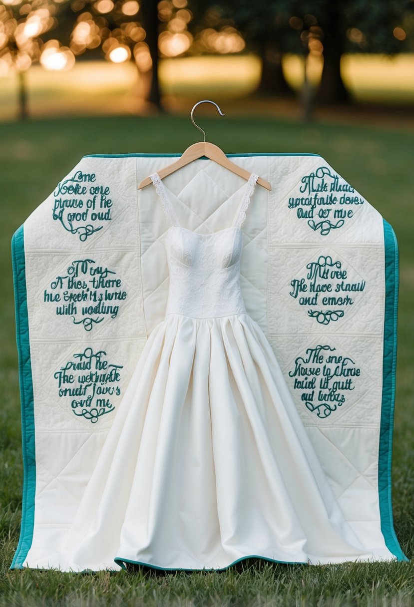 A wedding dress quilt with embroidered quotes and vows on each block