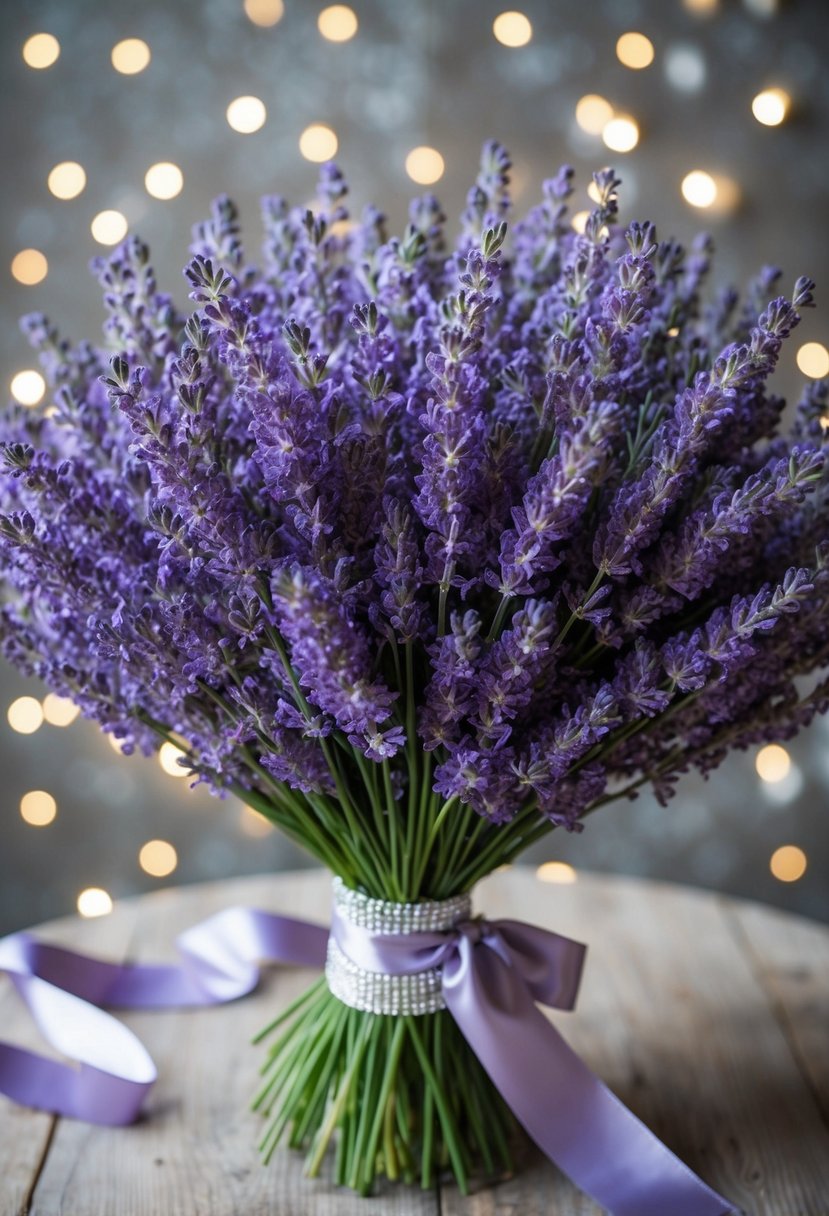 A lush bouquet of lavender flowers tied with shimmering silver ribbons