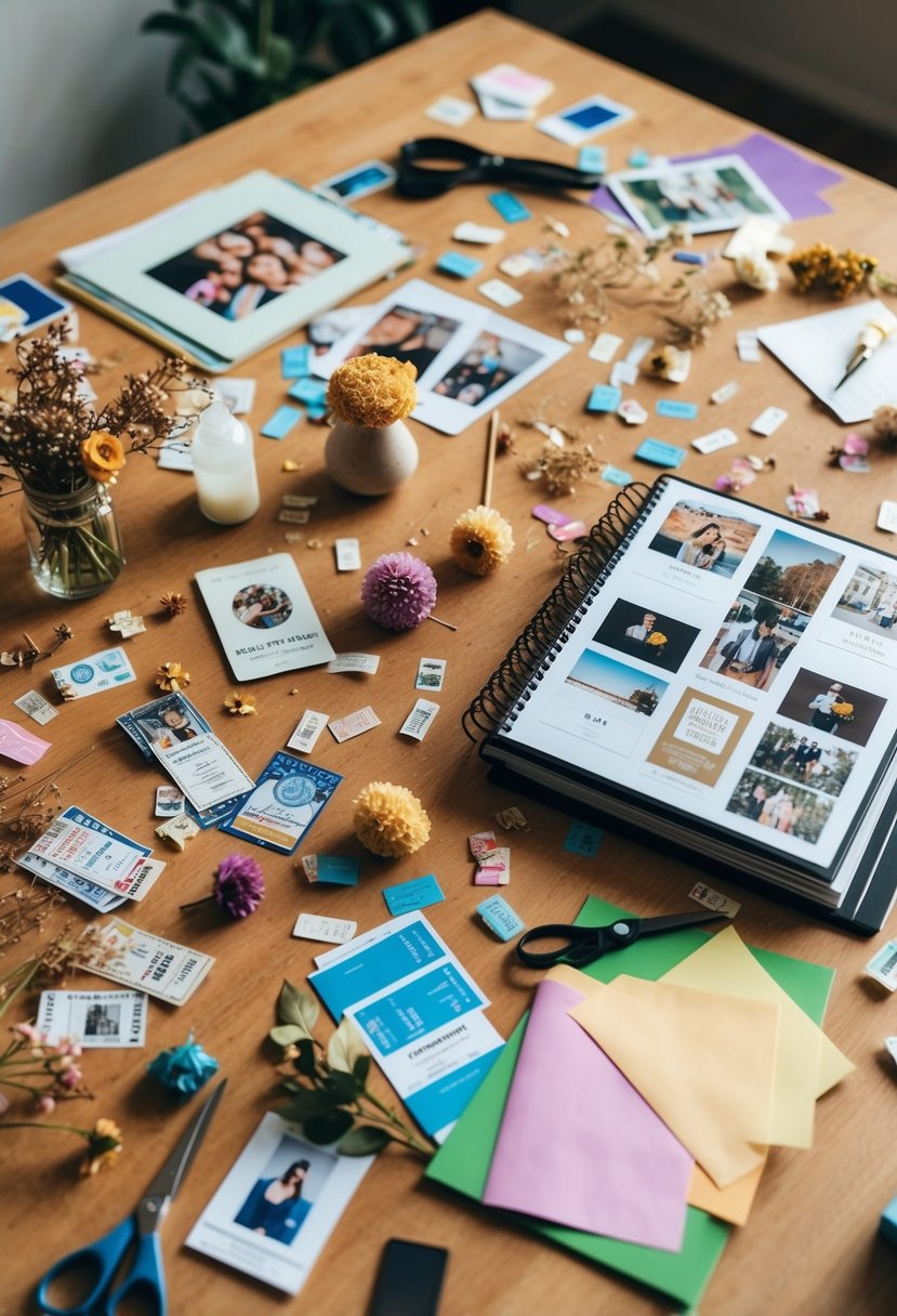 A table scattered with photos, ticket stubs, and dried flowers. Scissors, glue, and colorful paper strewn about. A finished scrapbook displayed proudly