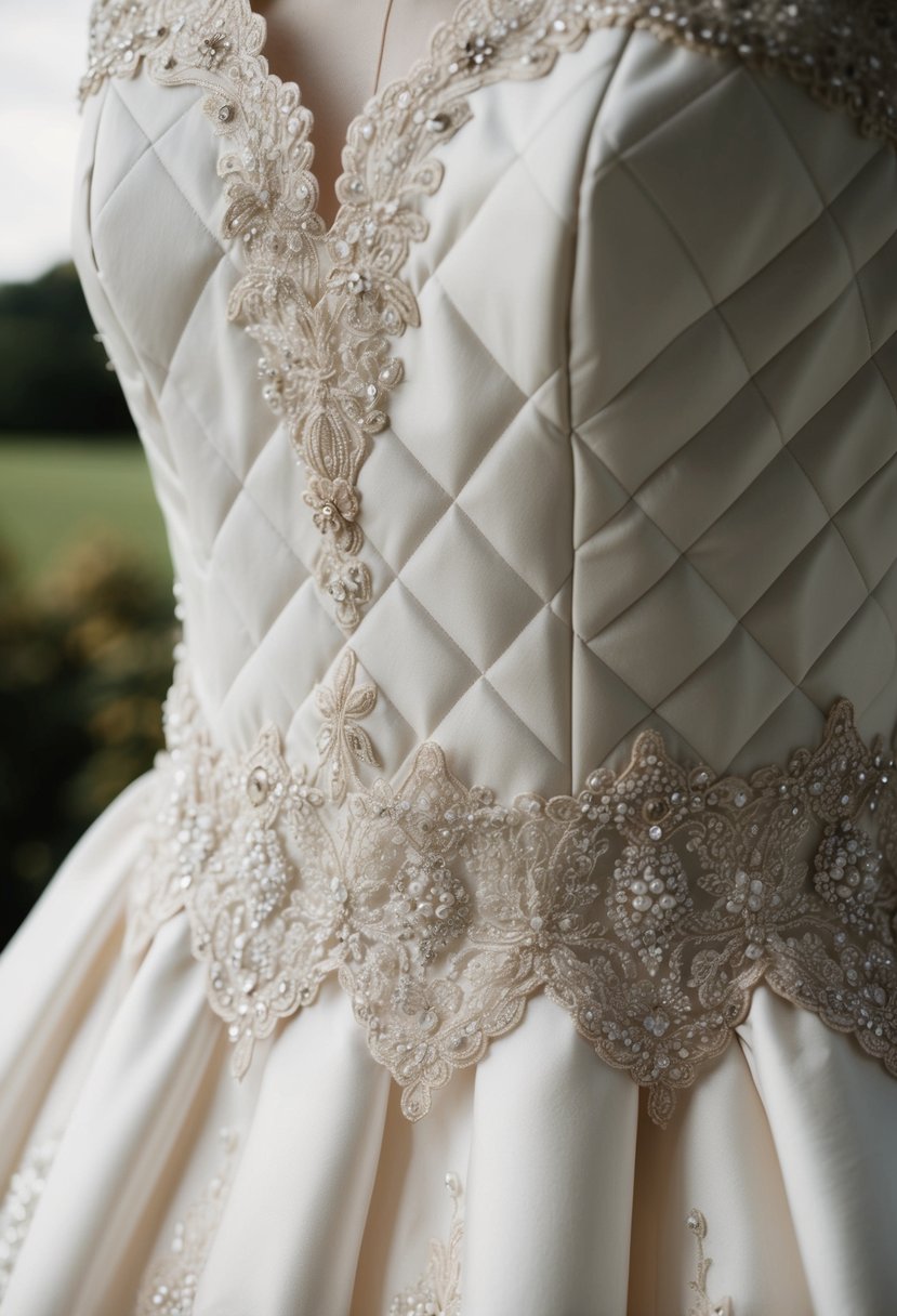 A close-up of a quilted wedding dress with intricate beading and delicate lace details