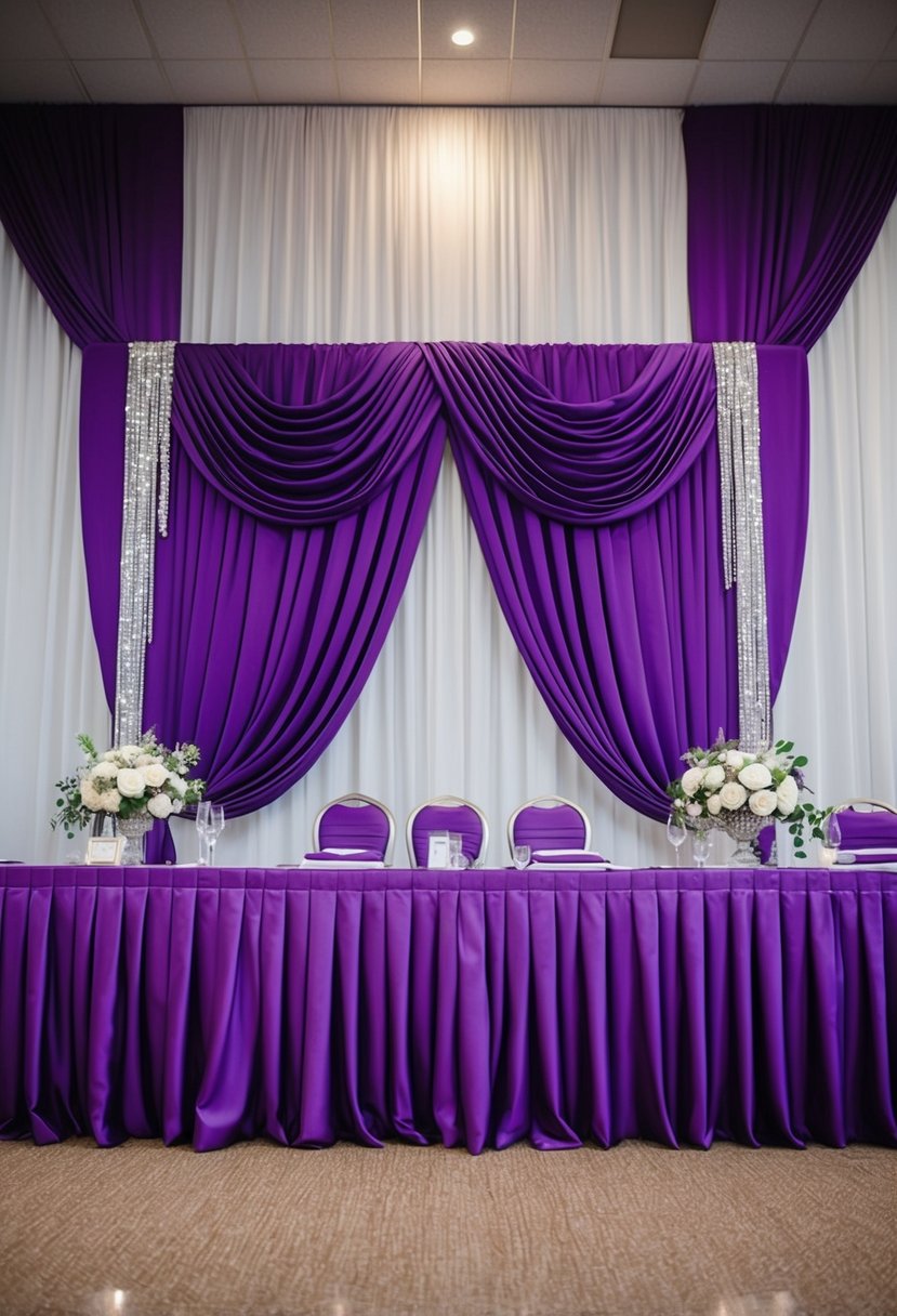 A grand purple draped backdrop with silver accents for a wedding ceremony