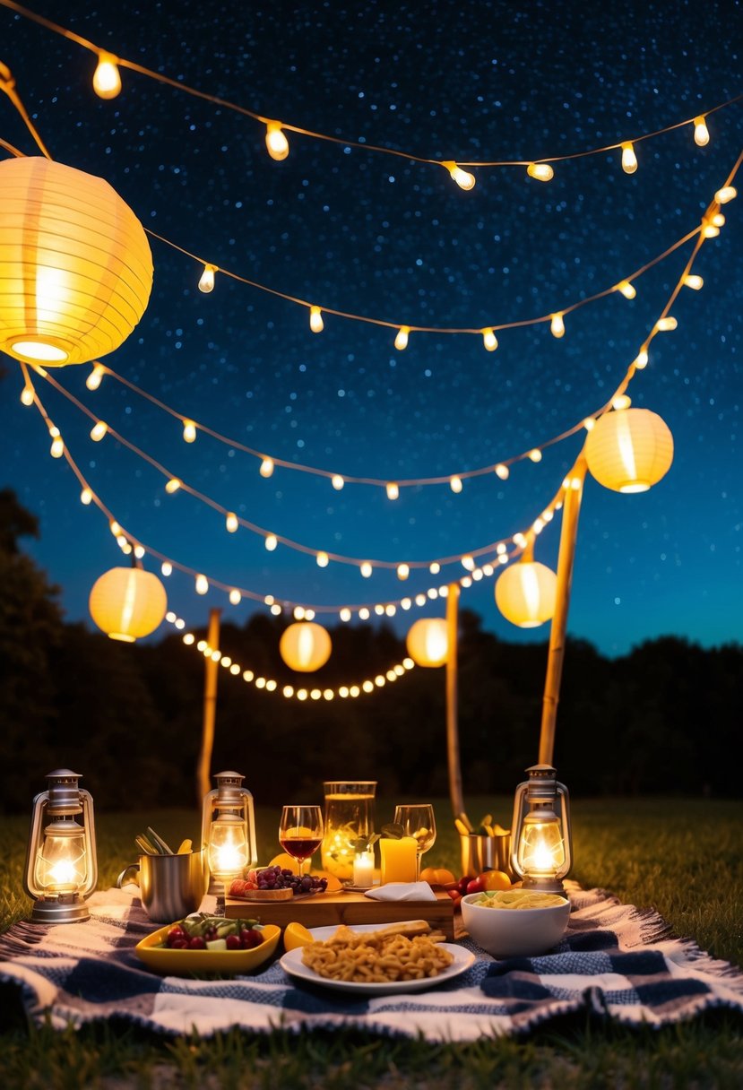 A cozy picnic blanket under a starry night sky, surrounded by glowing lanterns and a spread of delicious food and drinks