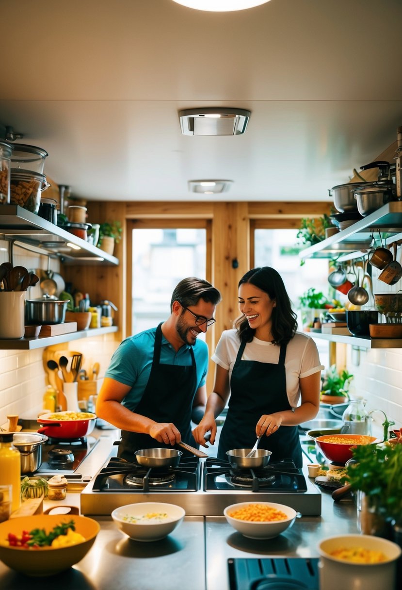 A cozy kitchen filled with cooking stations, where couples laugh and work together, surrounded by colorful ingredients and the aroma of delicious food