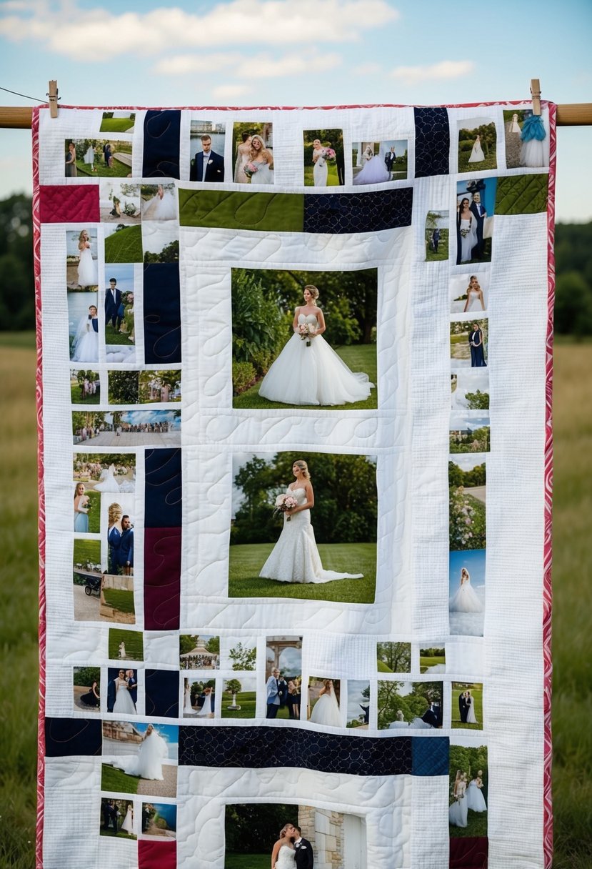 A quilt with alternating fabric and photo squares, showcasing wedding dress memories