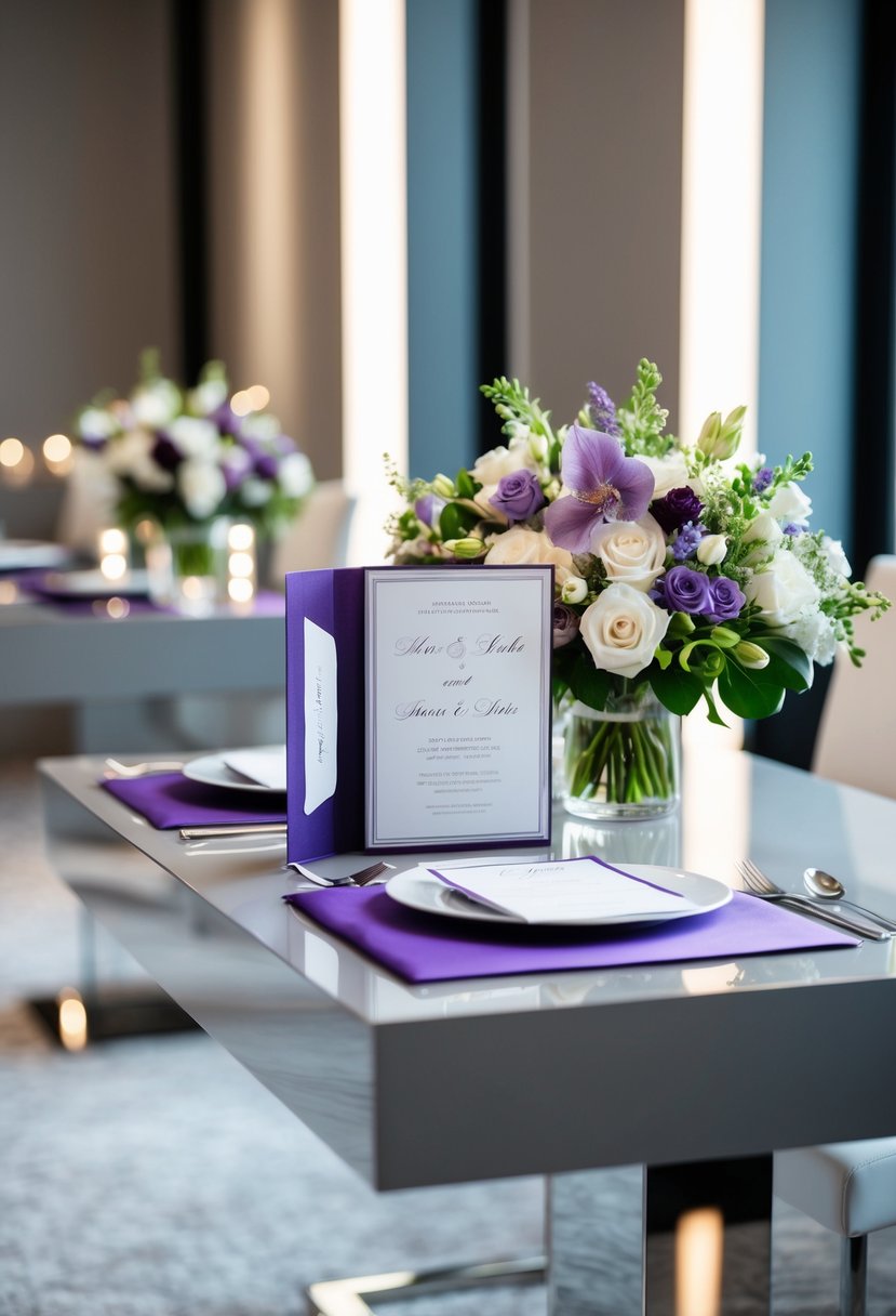 A silver and purple invitation suite displayed on a sleek, modern table with elegant floral arrangements and soft lighting