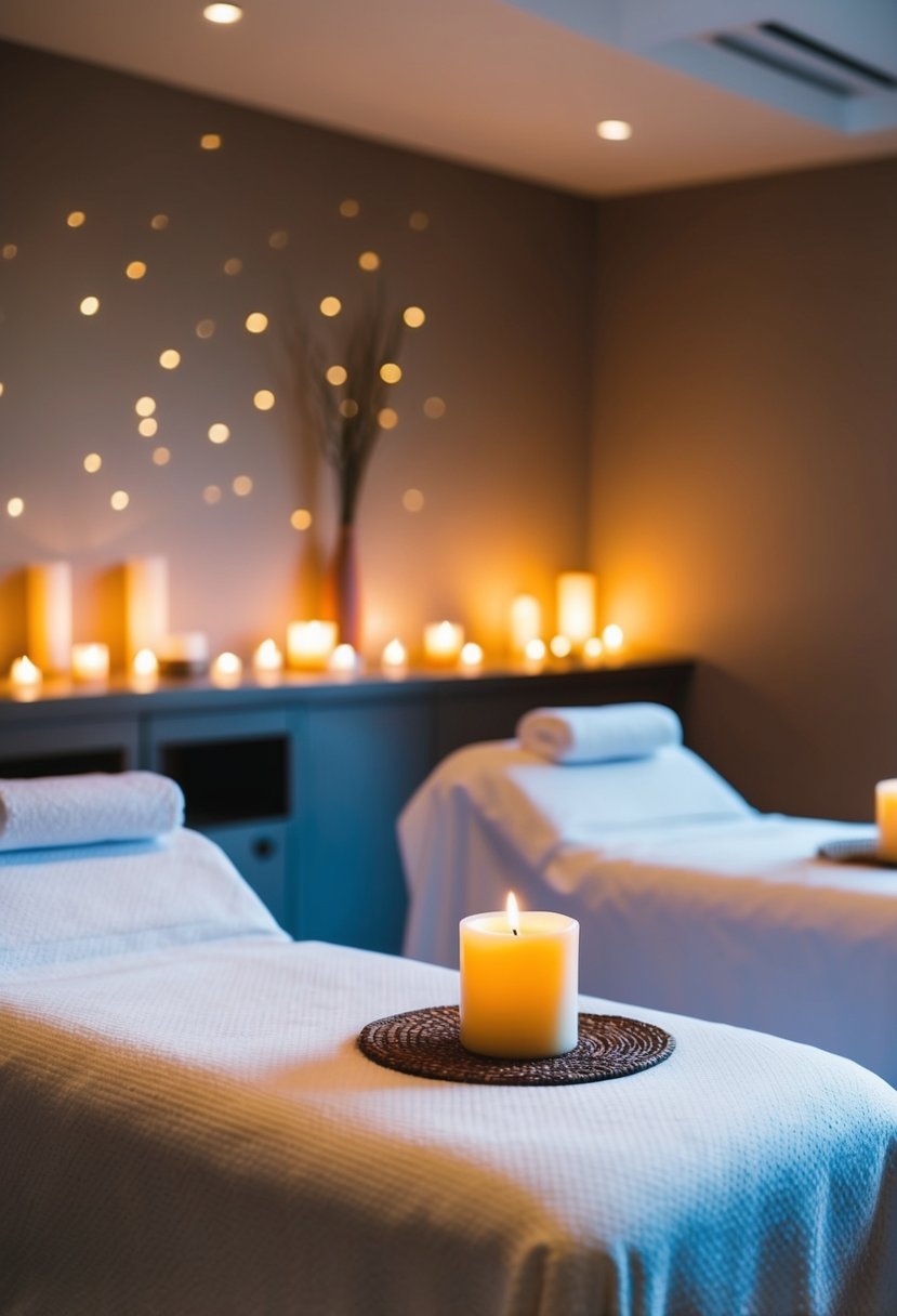 A serene spa with two massage tables, candles, and soft lighting