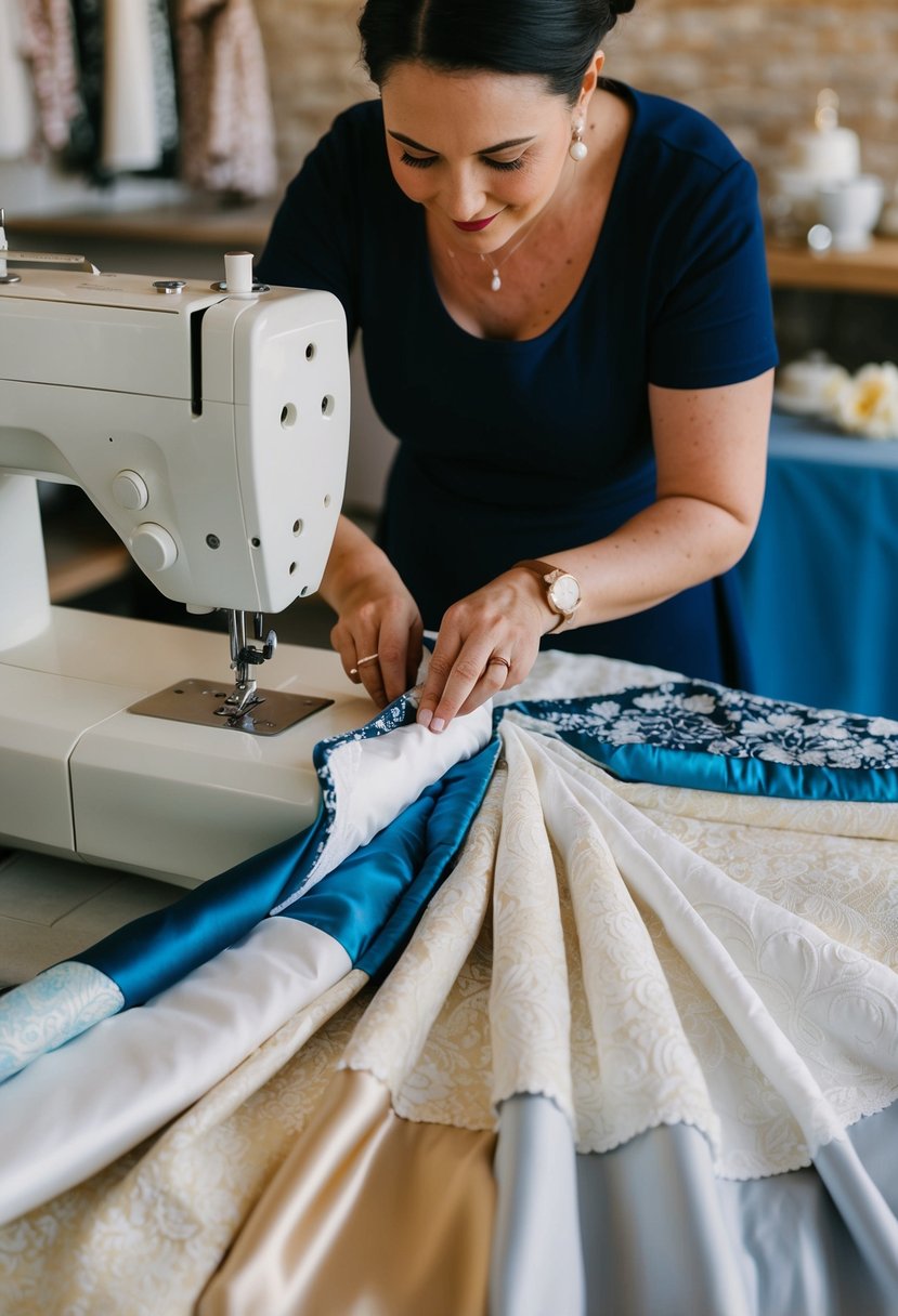 A seamstress cutting and sewing together pieces of fabric to create a wedding dress quilt, using a combination of satin and cotton for texture and variety