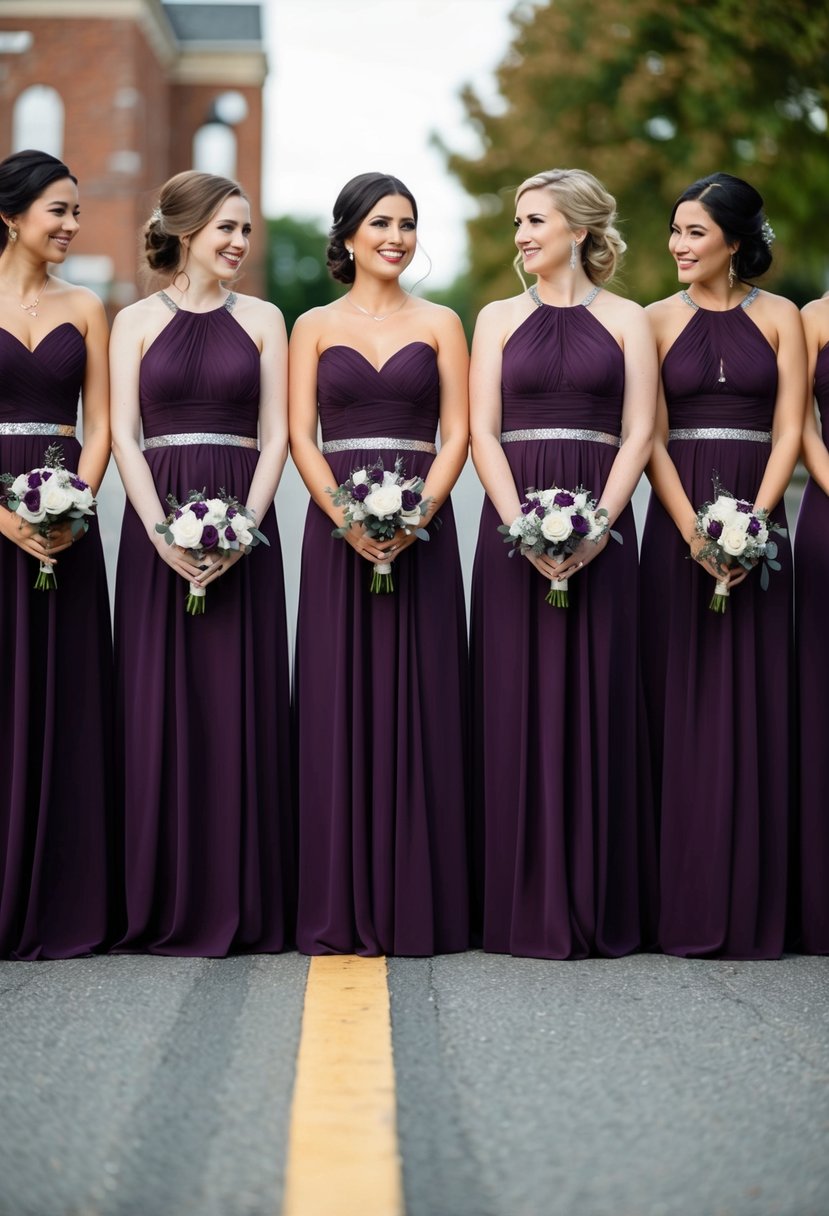 Dark purple bridesmaid dresses with silver accents, arranged in a row