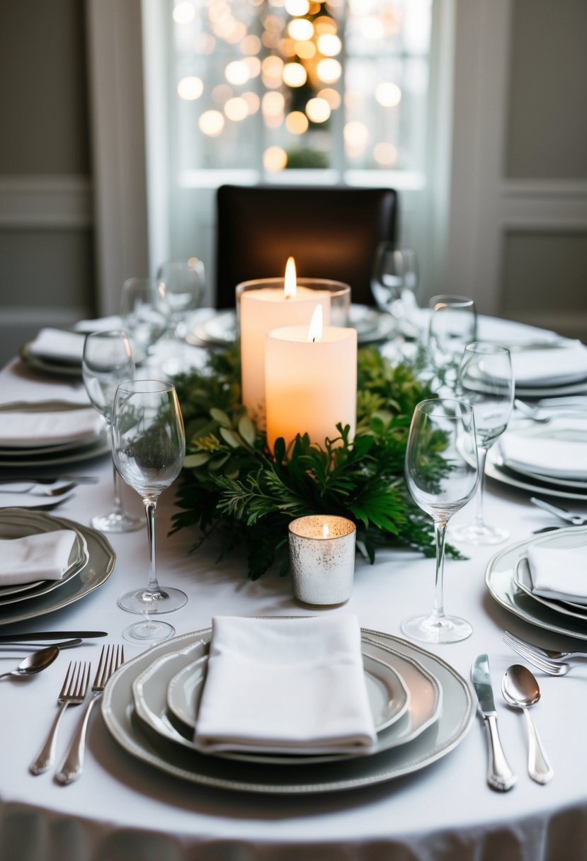 A beautifully set dining table with a white tablecloth, elegant silverware, and a flickering candle centerpiece