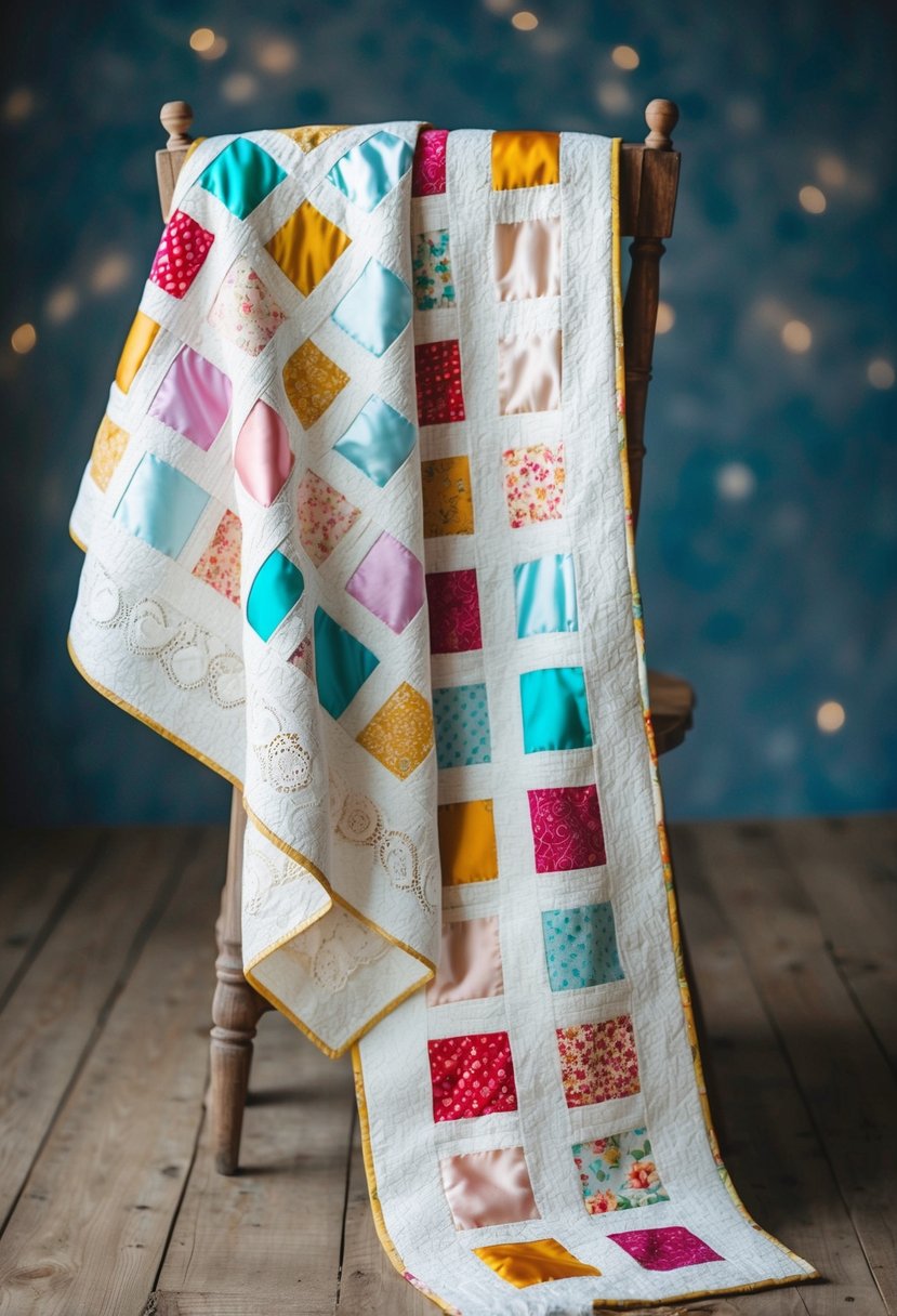 A colorful patchwork wedding dress quilt draped over a rustic wooden chair, with delicate lace and satin fabric pieces sewn together in a beautiful design