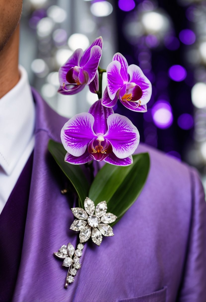 A purple orchid and silver brooch boutonnière pinned to a lapel, set against a backdrop of purple and silver wedding decor