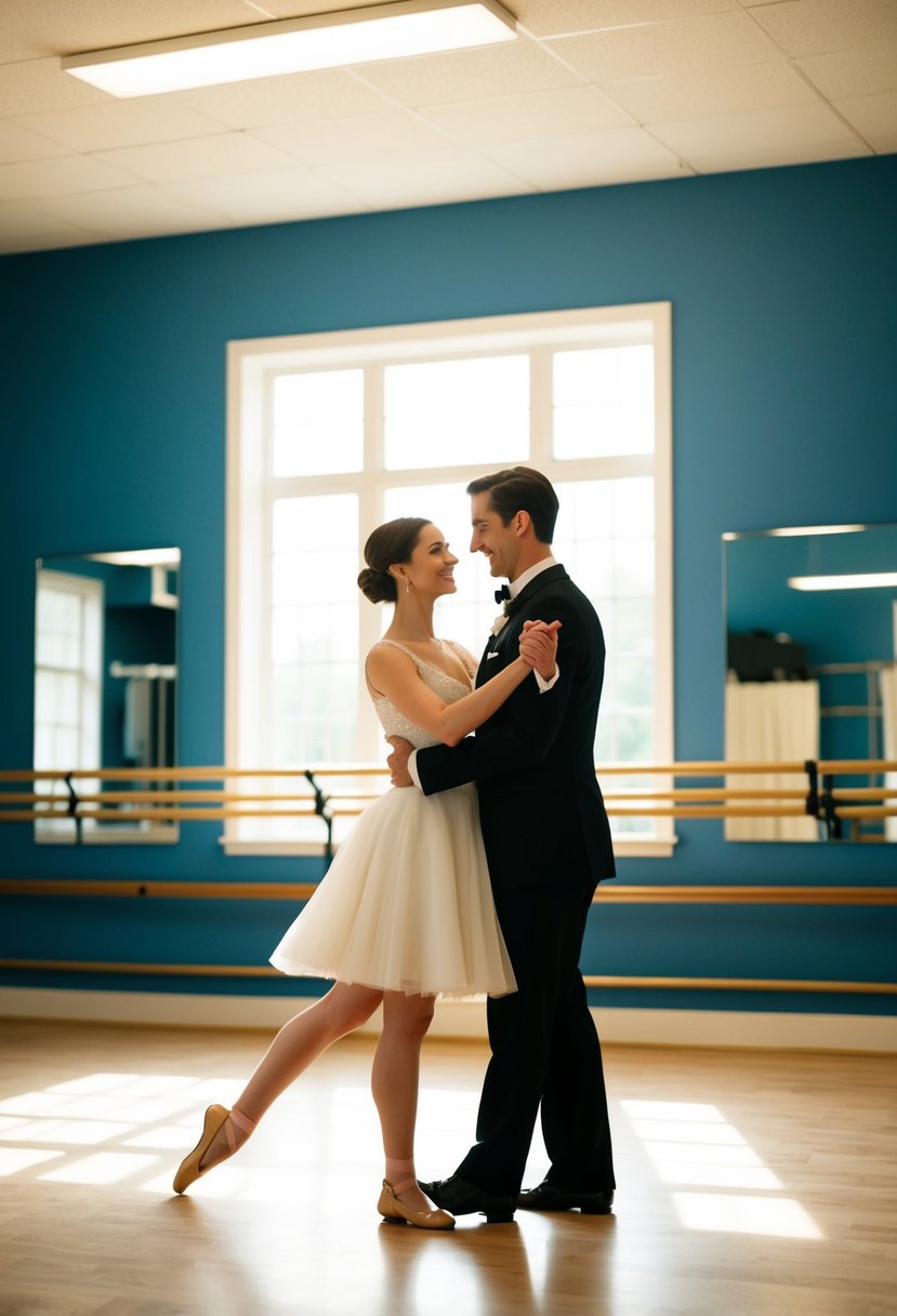 A couple gracefully waltzing in a sunlit dance studio, surrounded by mirrors and ballet barres