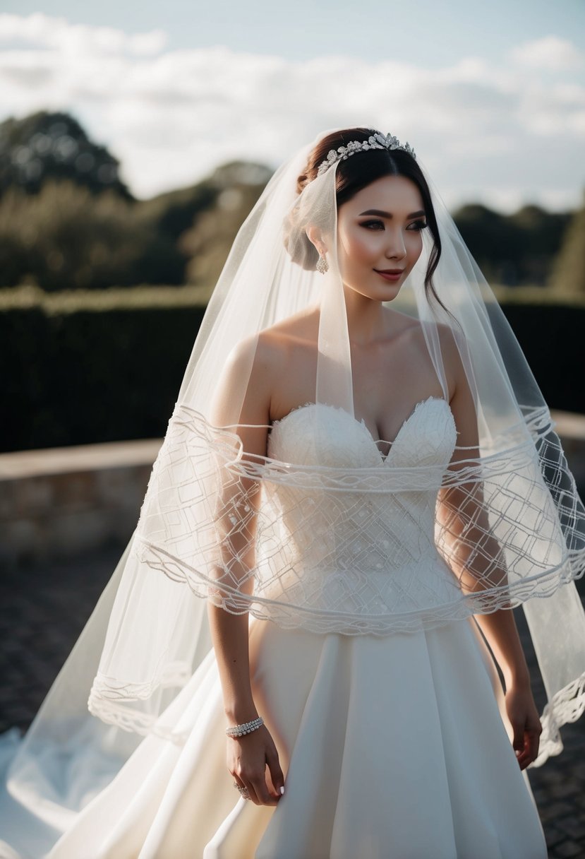 A bride's veil transformed into intricate quilted details on a flowing wedding dress