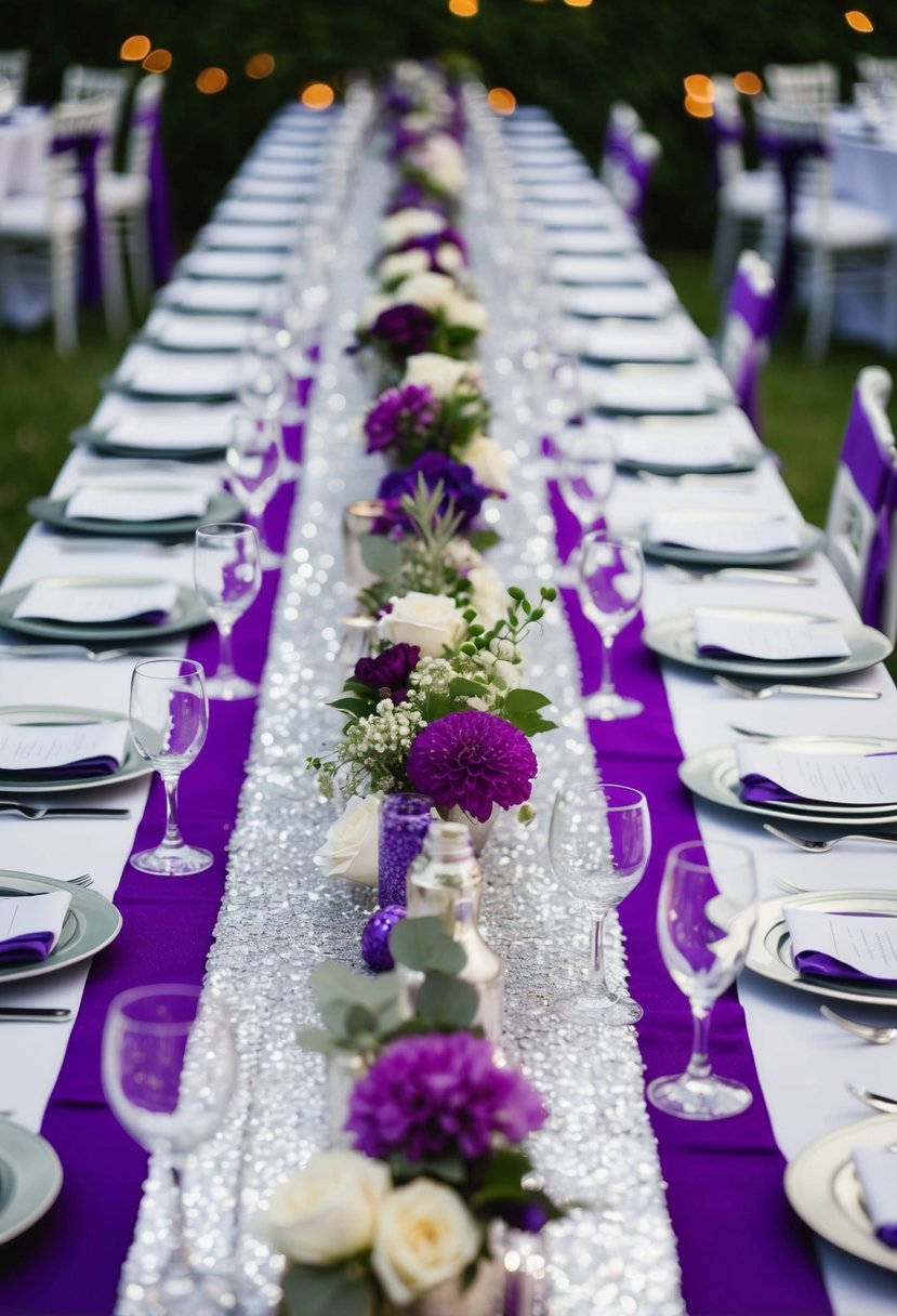 A long table adorned with silver sequin runners, set with purple and silver decor for a wedding celebration