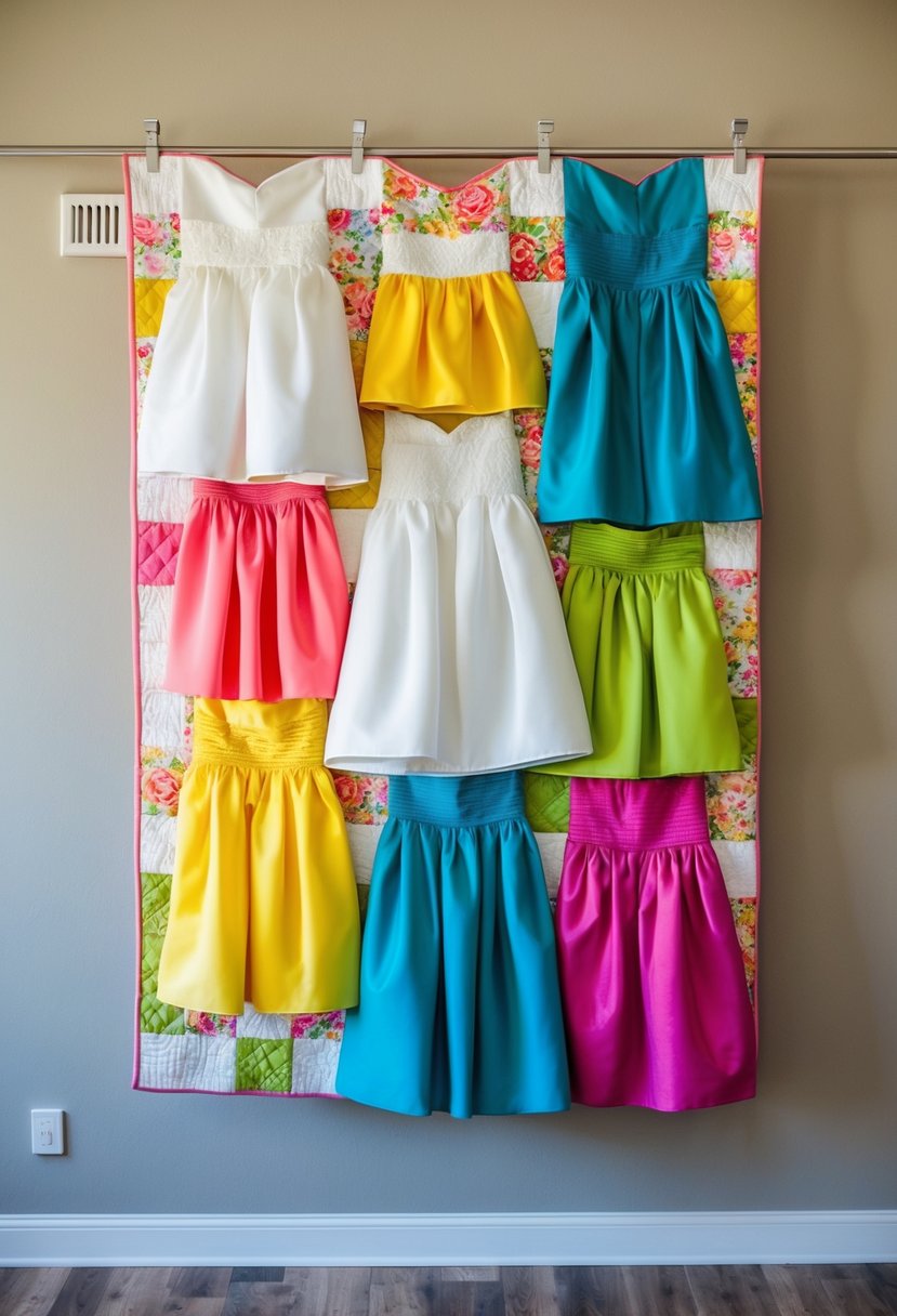 A wedding dress quilt made with panels of colorful fabric from bridesmaid dresses, creating a vibrant and sentimental piece