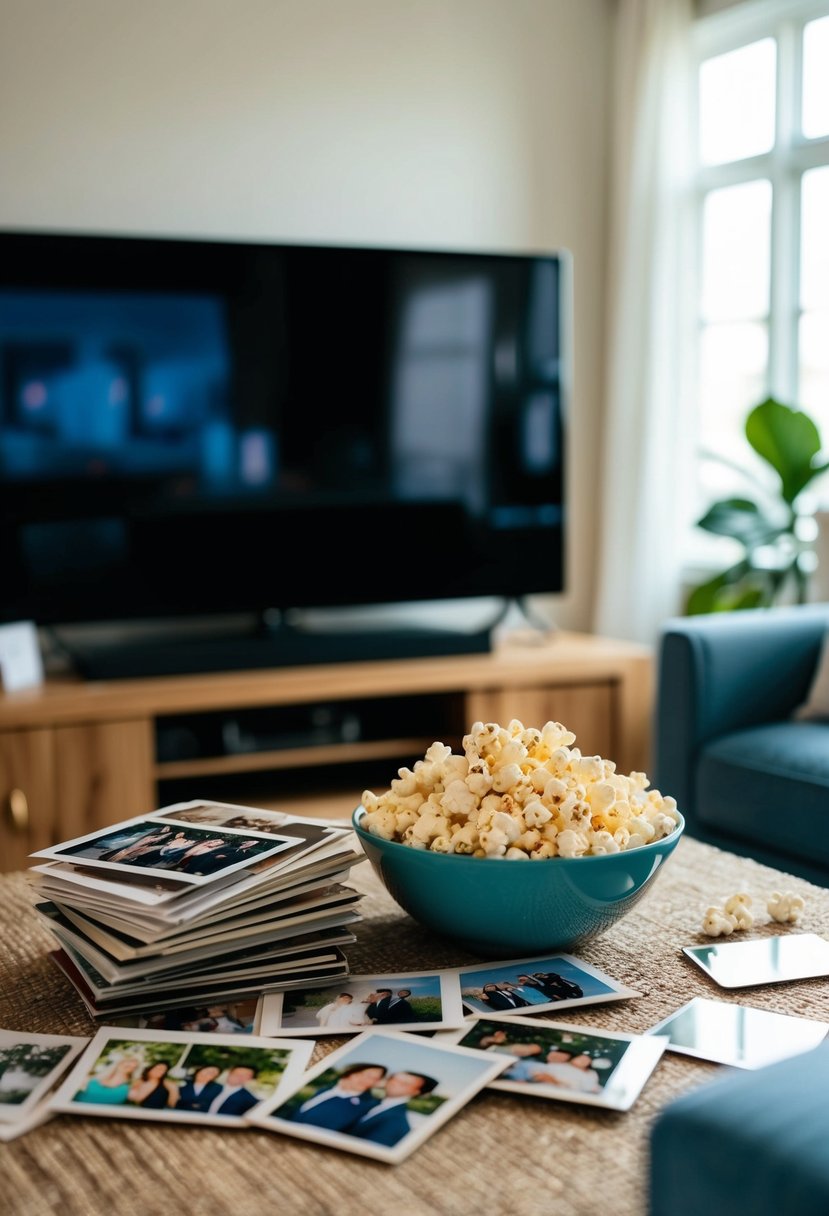 A cozy living room with a big screen TV, a bowl of popcorn, and a stack of old wedding photos scattered on the coffee table