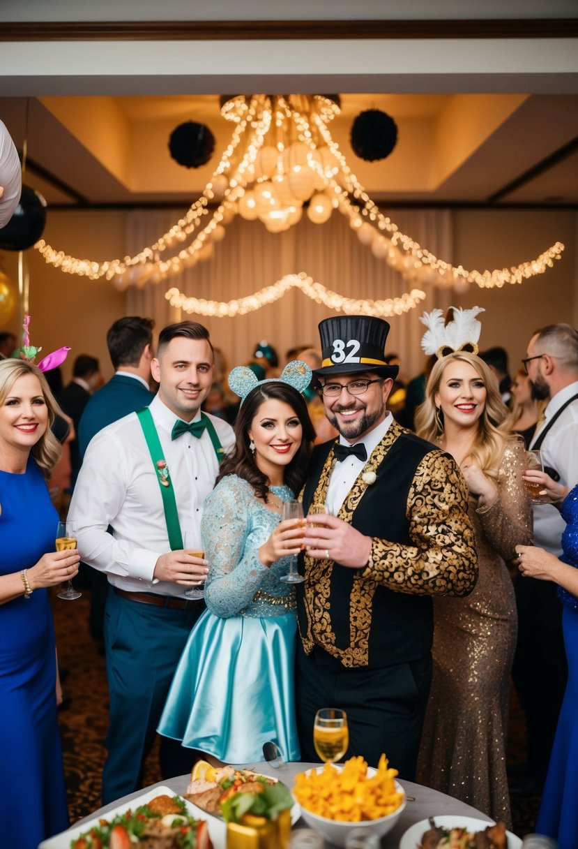 A festive room with 32nd anniversary decor, couples in themed costumes mingling, and a celebratory atmosphere with food and drinks