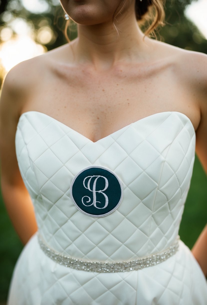 A bride's quilted wedding dress with a monogrammed initial patch