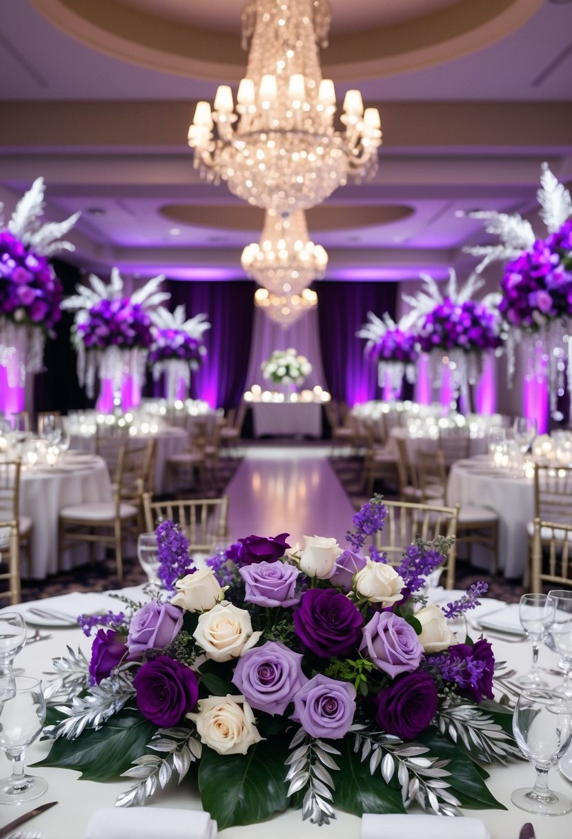 A grand ballroom adorned with purple floral arrangements and silver foliage, creating an elegant and romantic ambiance for a wedding