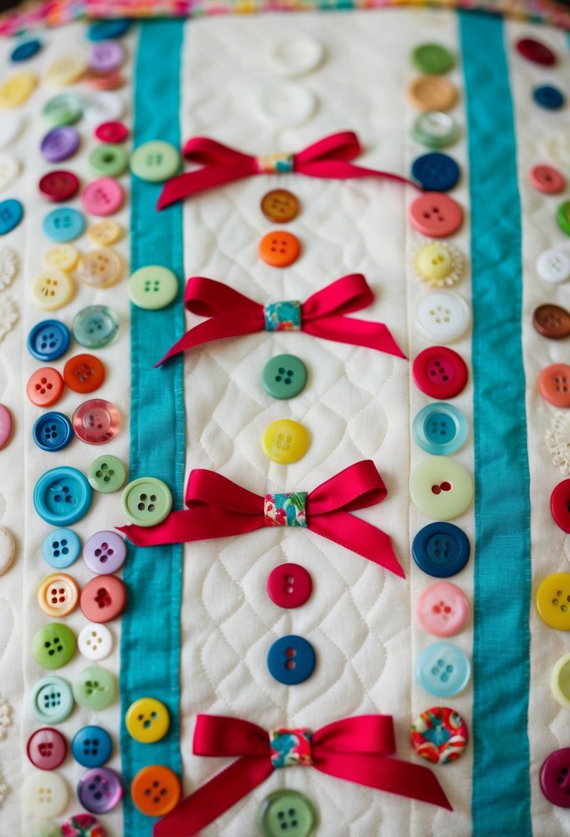 Colorful buttons and ribbons adorn the quilt, adding a festive and whimsical touch to the wedding dress-inspired design