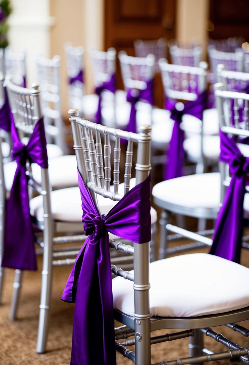 Silver Chiavari chairs with purple sashes arranged in an elegant wedding setting