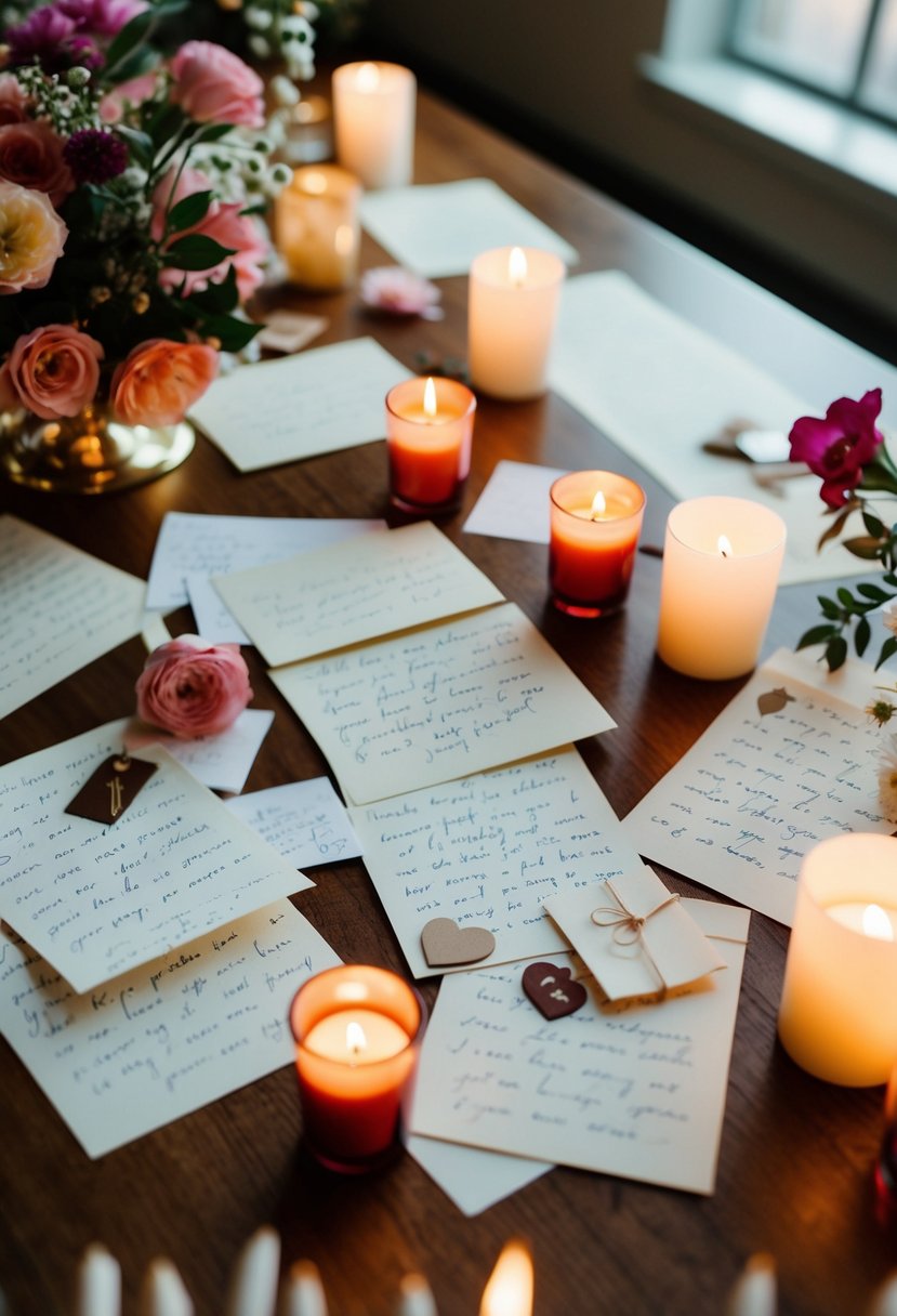 A table scattered with handwritten love letters, surrounded by candles and flowers