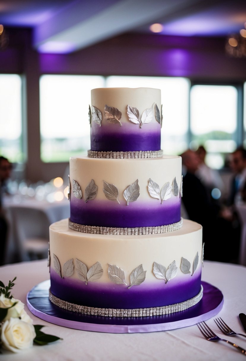 A three-tiered wedding cake with a purple ombre design and silver leaf accents