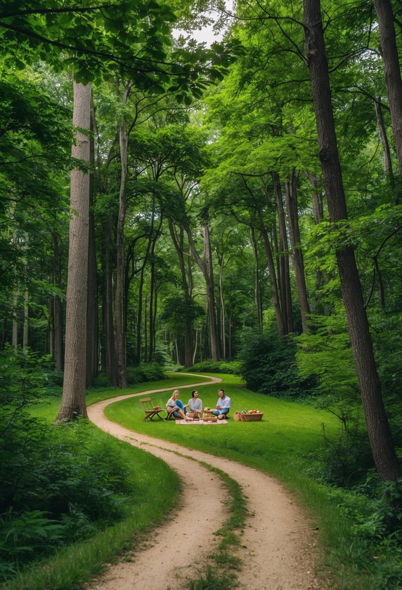 A winding trail through lush forest, leading to a tranquil clearing with a picnic spread under a canopy of tall trees