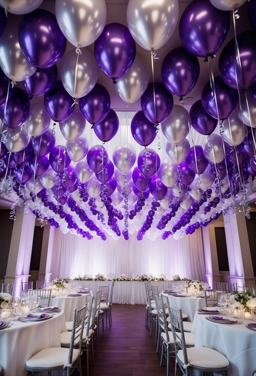 A grand arch of purple and silver balloons cascades over a wedding celebration