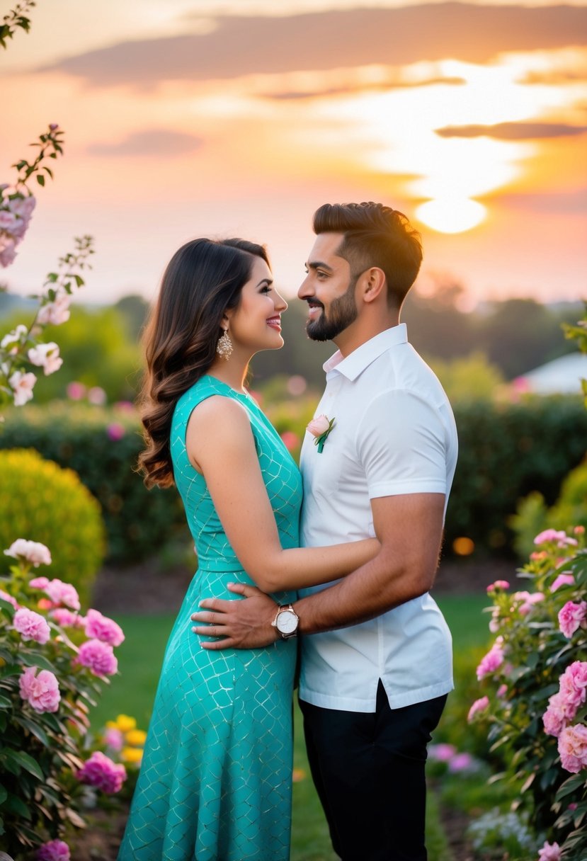 A couple’s anniversary photo shoot with matching outfits in a garden setting, surrounded by blooming flowers and a beautiful sunset