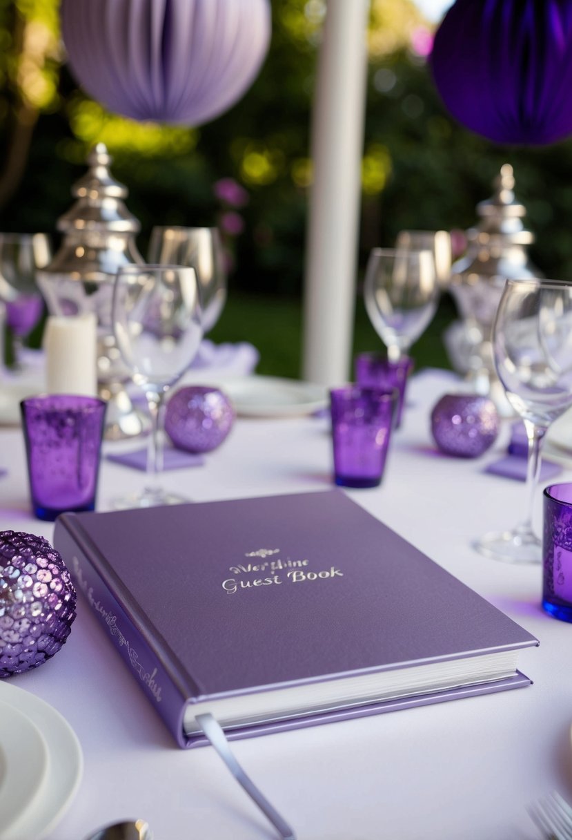 A lavender and silver guest book sits on a table, surrounded by purple and silver decor for a wedding